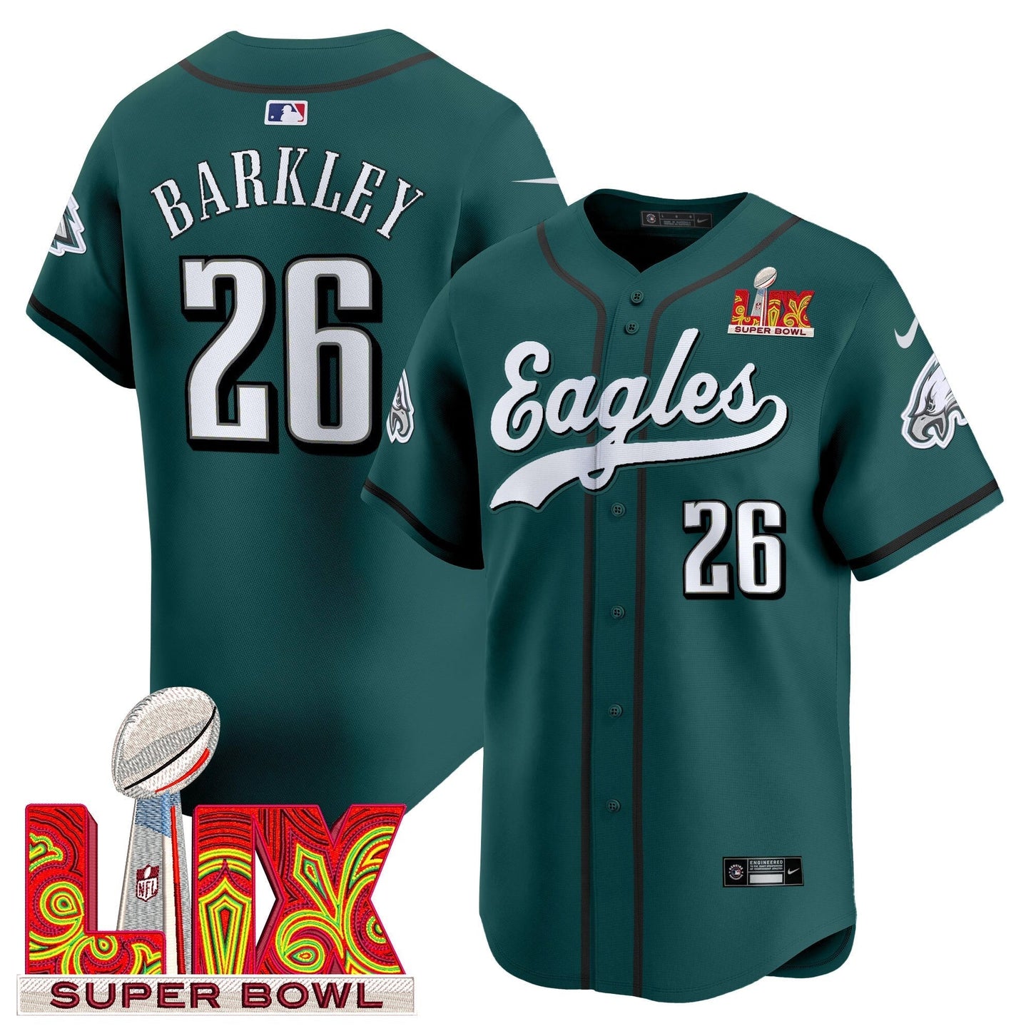 PHI Midnight Green Super Bowl LIX Vapor Baseball Jersey - All Stitched