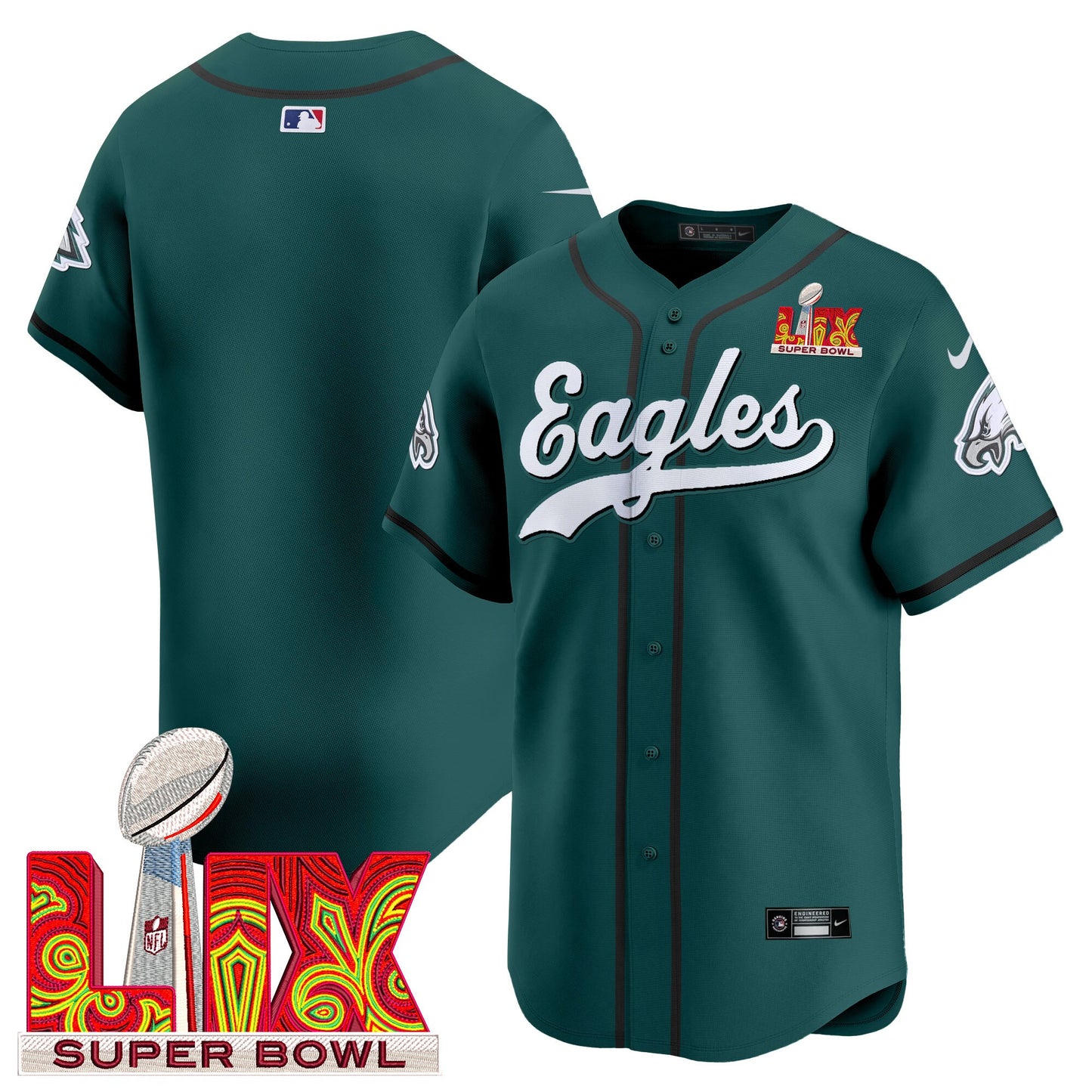 Men's Philadelphia Eagles Midnight Green Super Bowl LIX Vapor Baseball Jersey - All Stitched