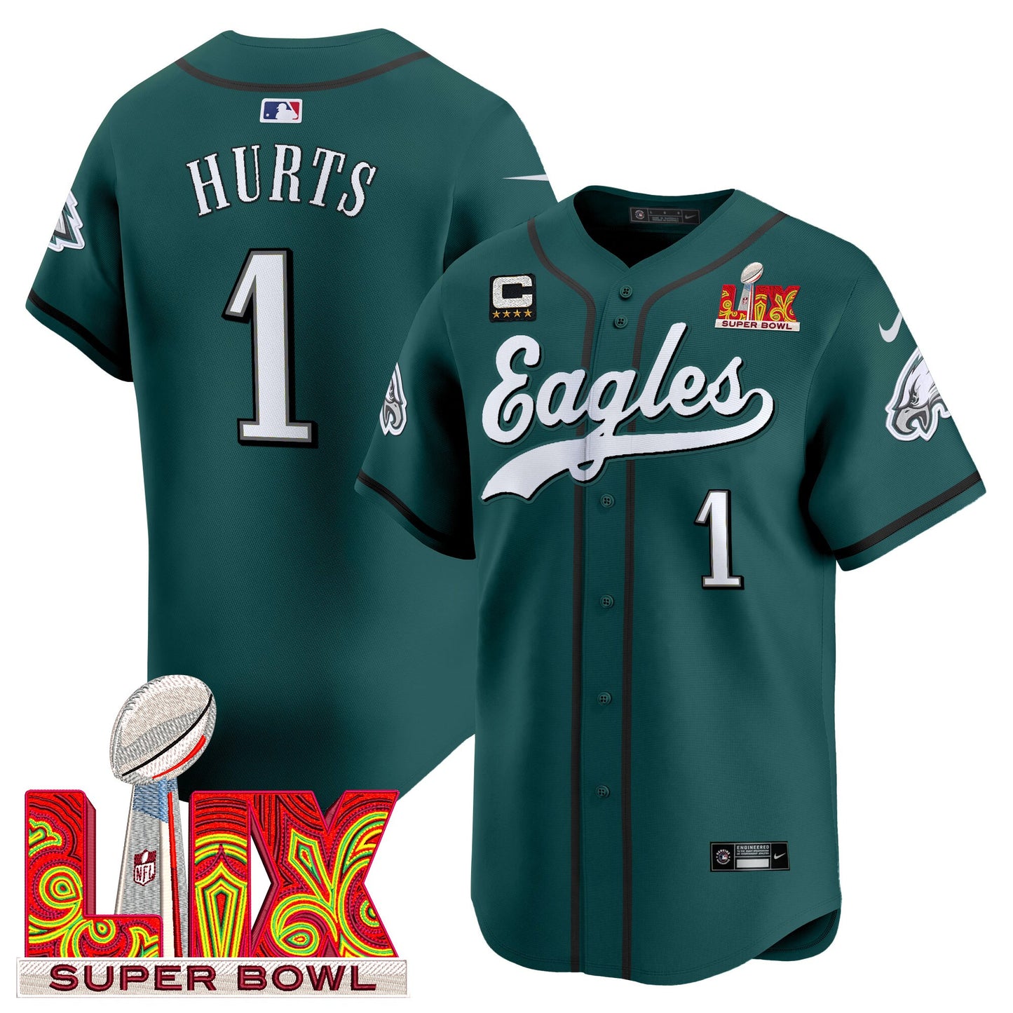 Men's Philadelphia Eagles Midnight Green Super Bowl LIX Vapor Baseball Jersey - All Stitched