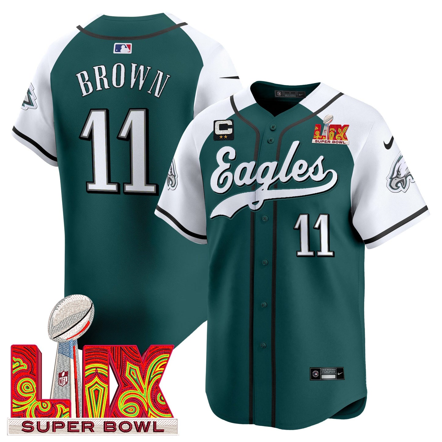 Men's Philadelphia Eagles Midnight Green Super Bowl LIX Vapor Baseball Jersey - All Stitched