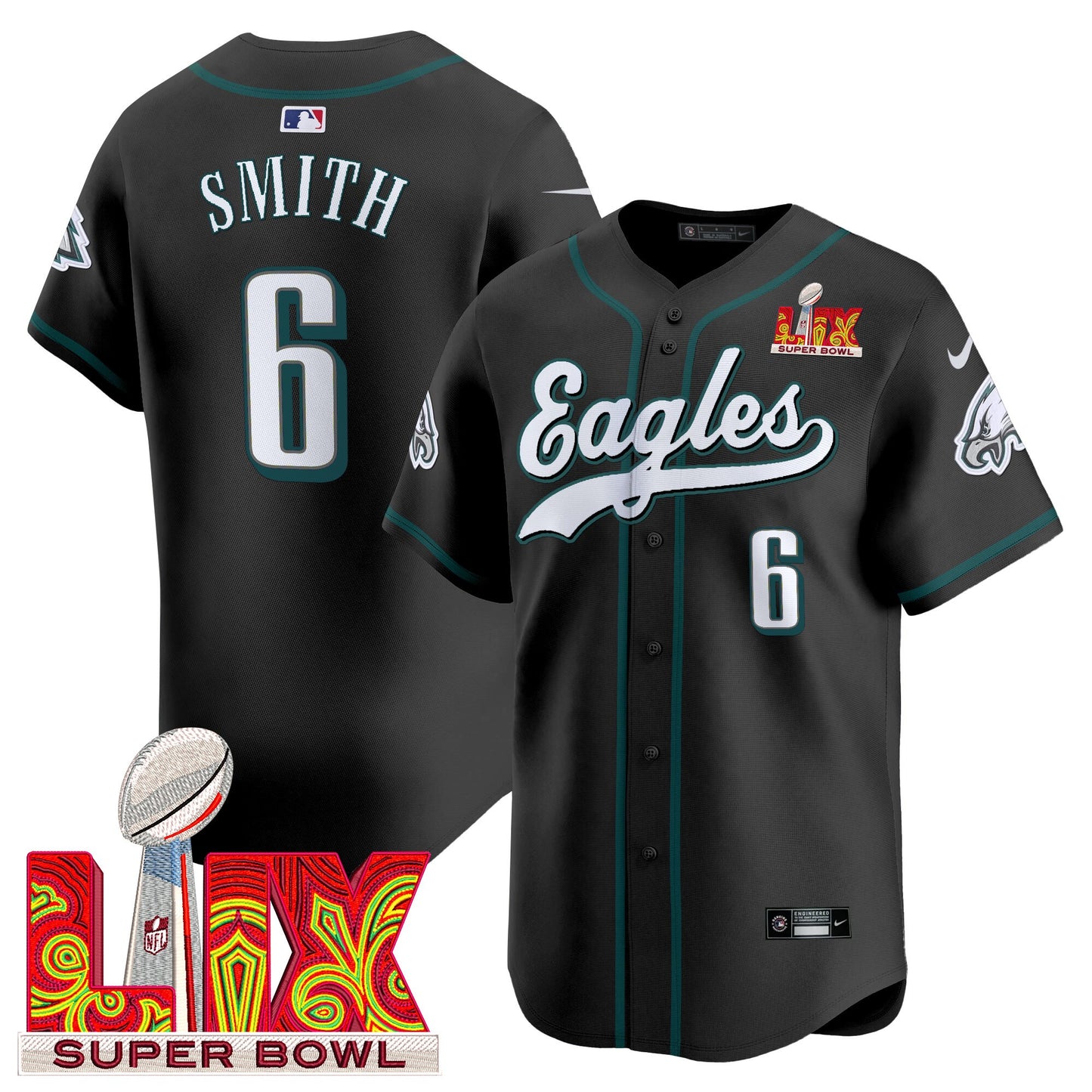 Men's Philadelphia Eagles Midnight Green Super Bowl LIX Vapor Baseball Jersey - All Stitched