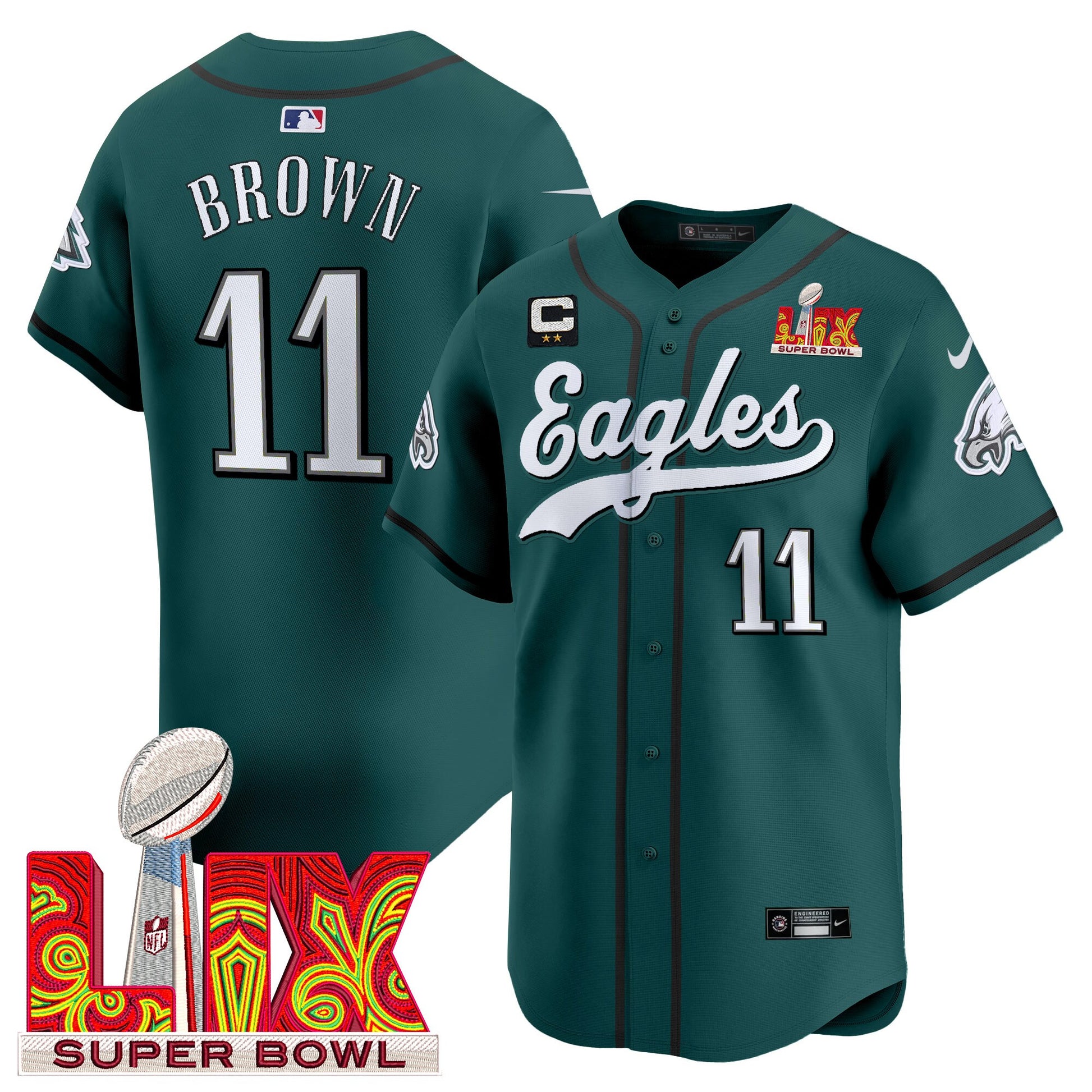 Men's Philadelphia Eagles Midnight Green Super Bowl LIX Vapor Baseball Jersey - All Stitched