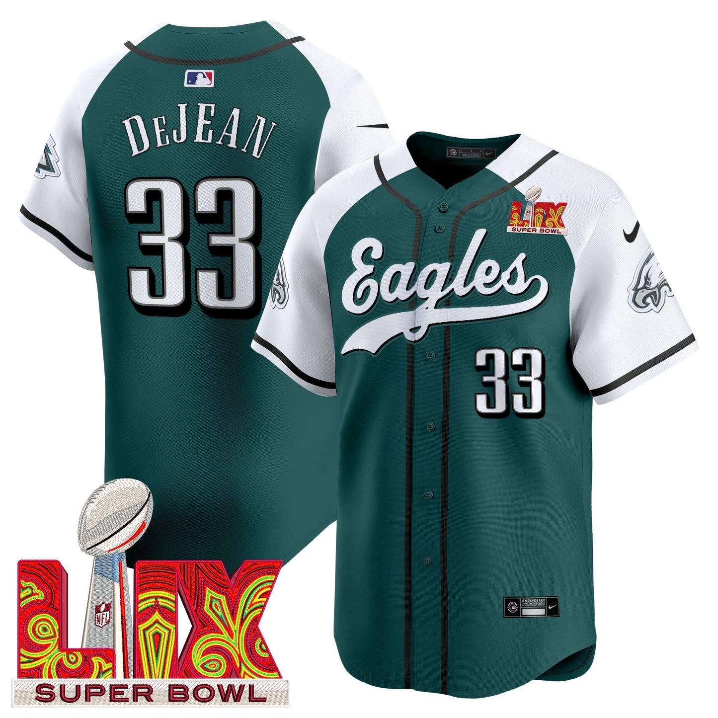 PHI Midnight Green Super Bowl LIX Vapor Baseball Jersey - All Stitched