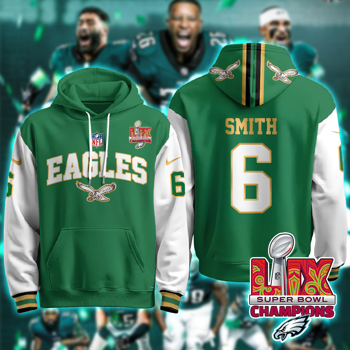 PHI Super Bowl LIX Champions Gold Hoodie N2R