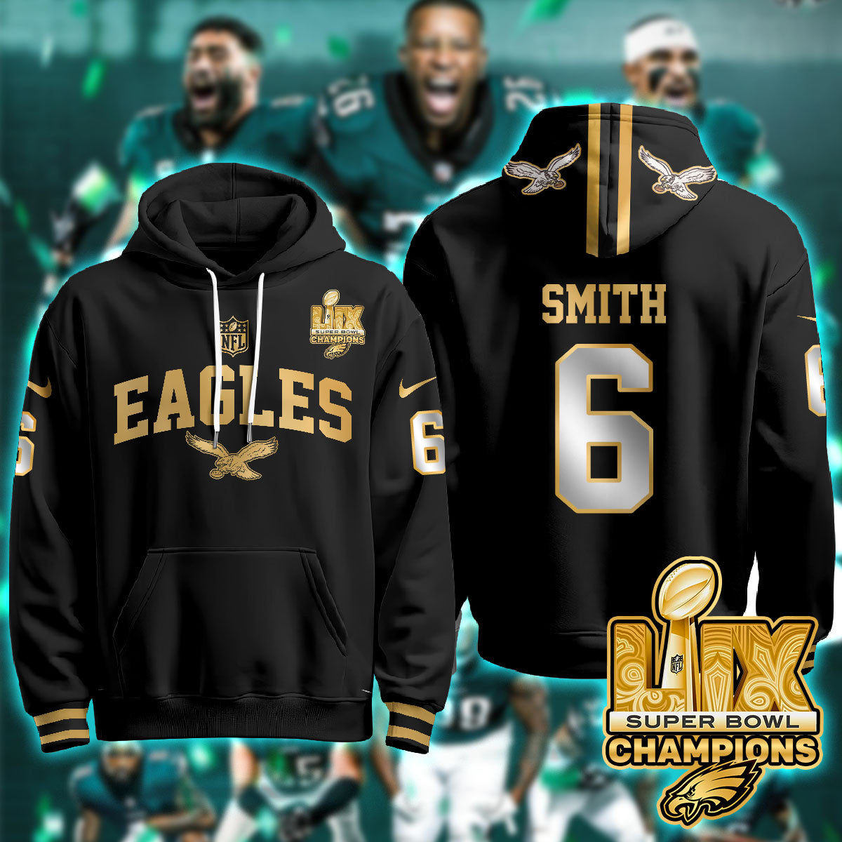 PHI Super Bowl LIX Champions Gold Hoodie N2R