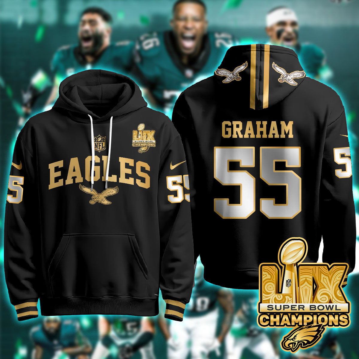 PHI Super Bowl LIX Champions Gold Hoodie N2R
