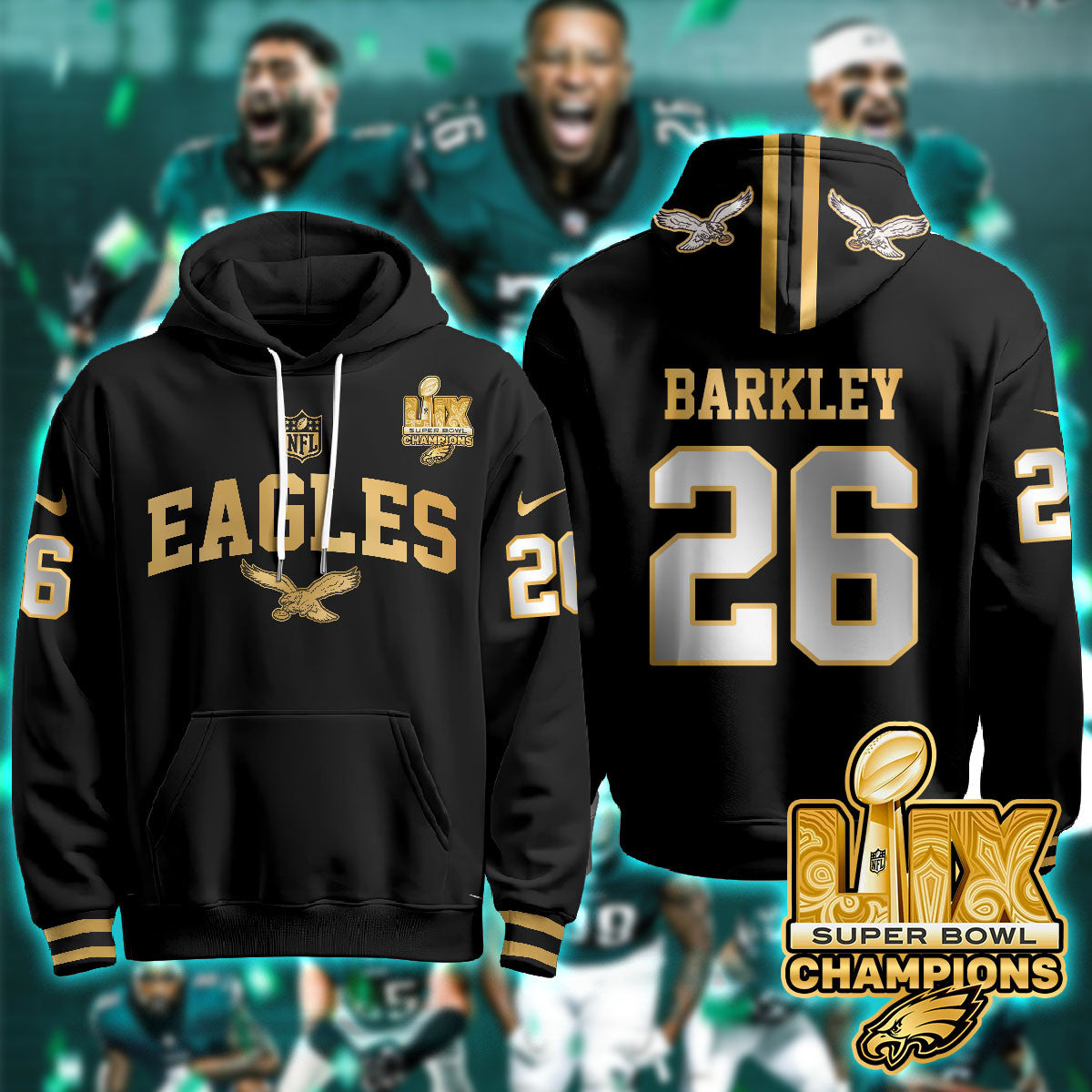 PHI Super Bowl LIX Champions Gold Hoodie N2R