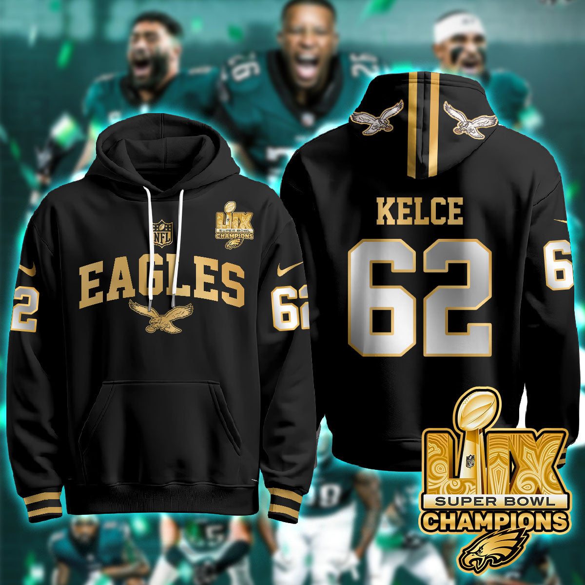 PHI Super Bowl LIX Champions Gold Hoodie N2R