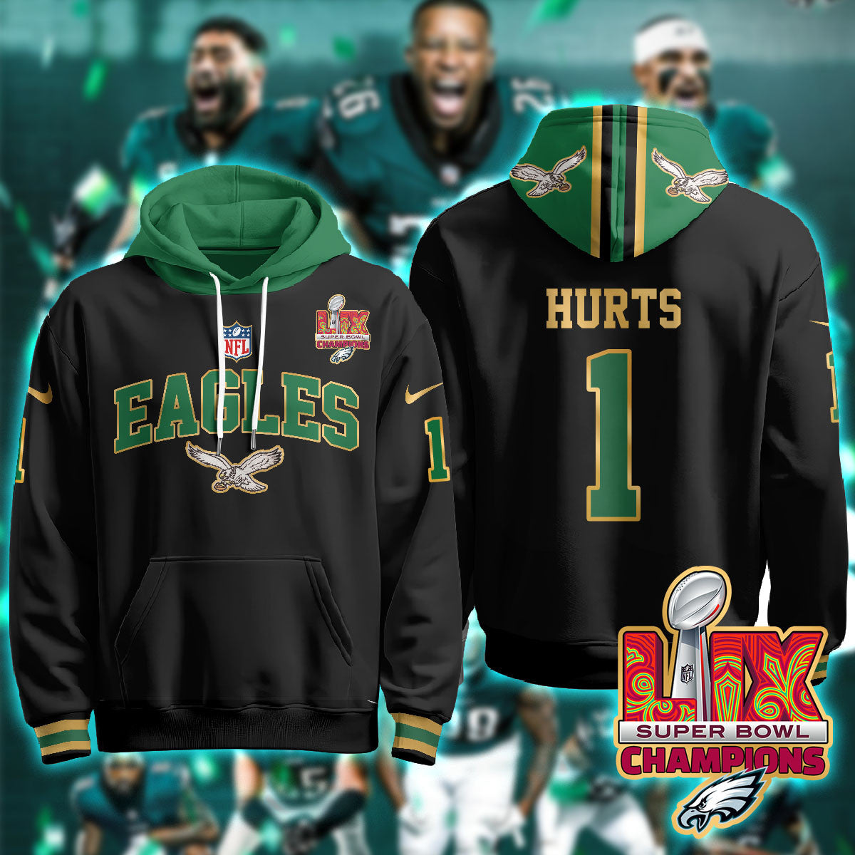 PHI Super Bowl LIX Champions Gold Hoodie N2R - All Stitched