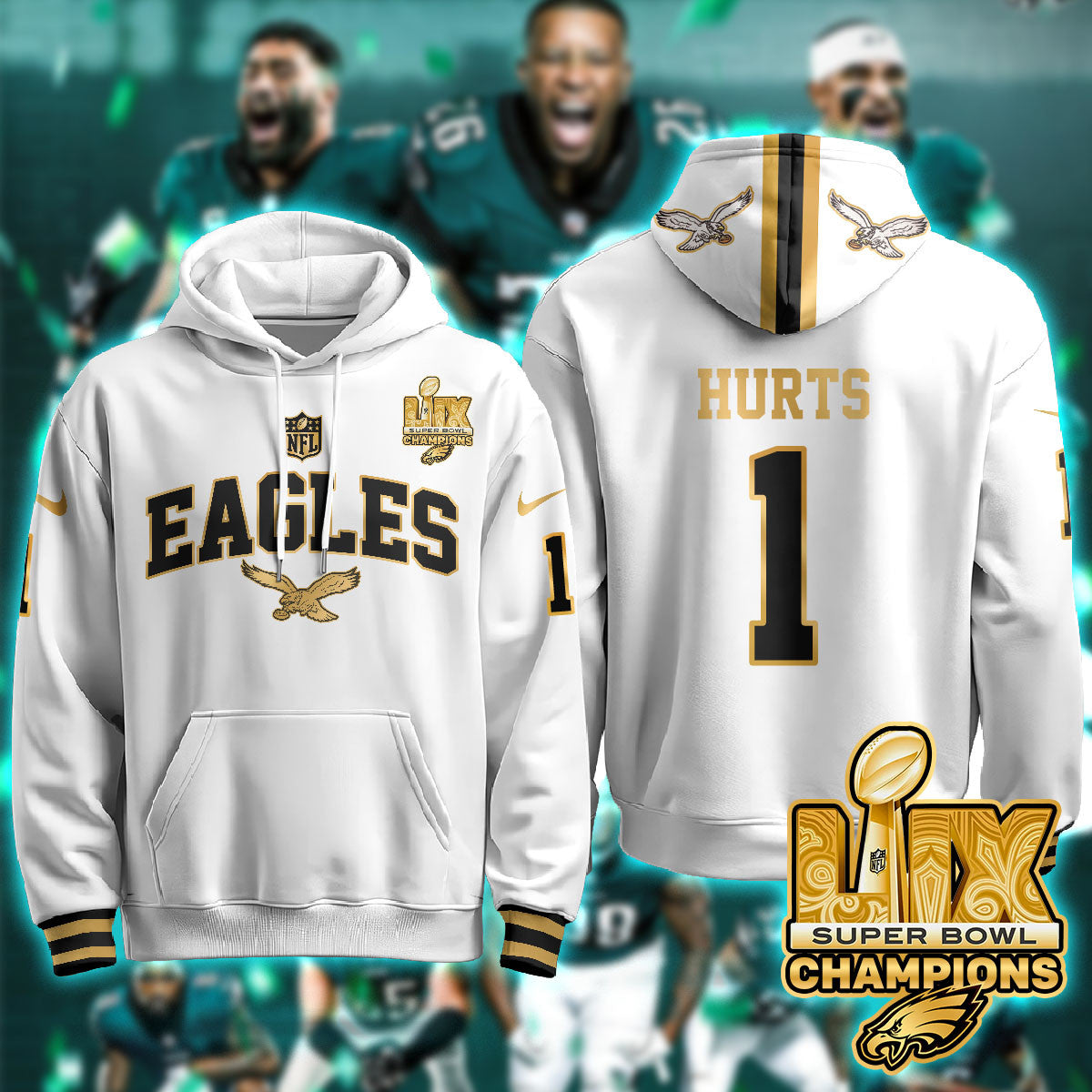 PHI Super Bowl LIX Champions Gold Hoodie N2R