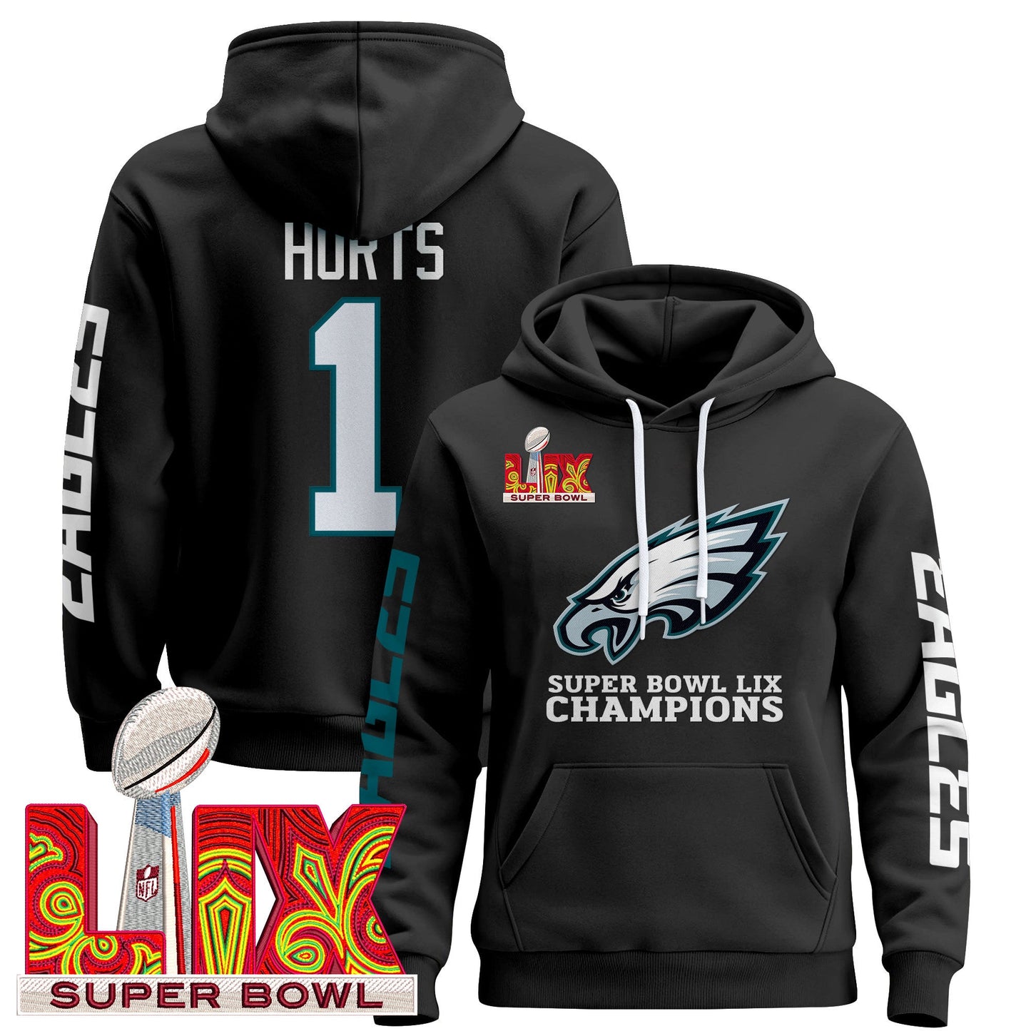 Philadelphia Eagles Super Bowl LIX Patch Pullover Hoodie V5 - All Stitched