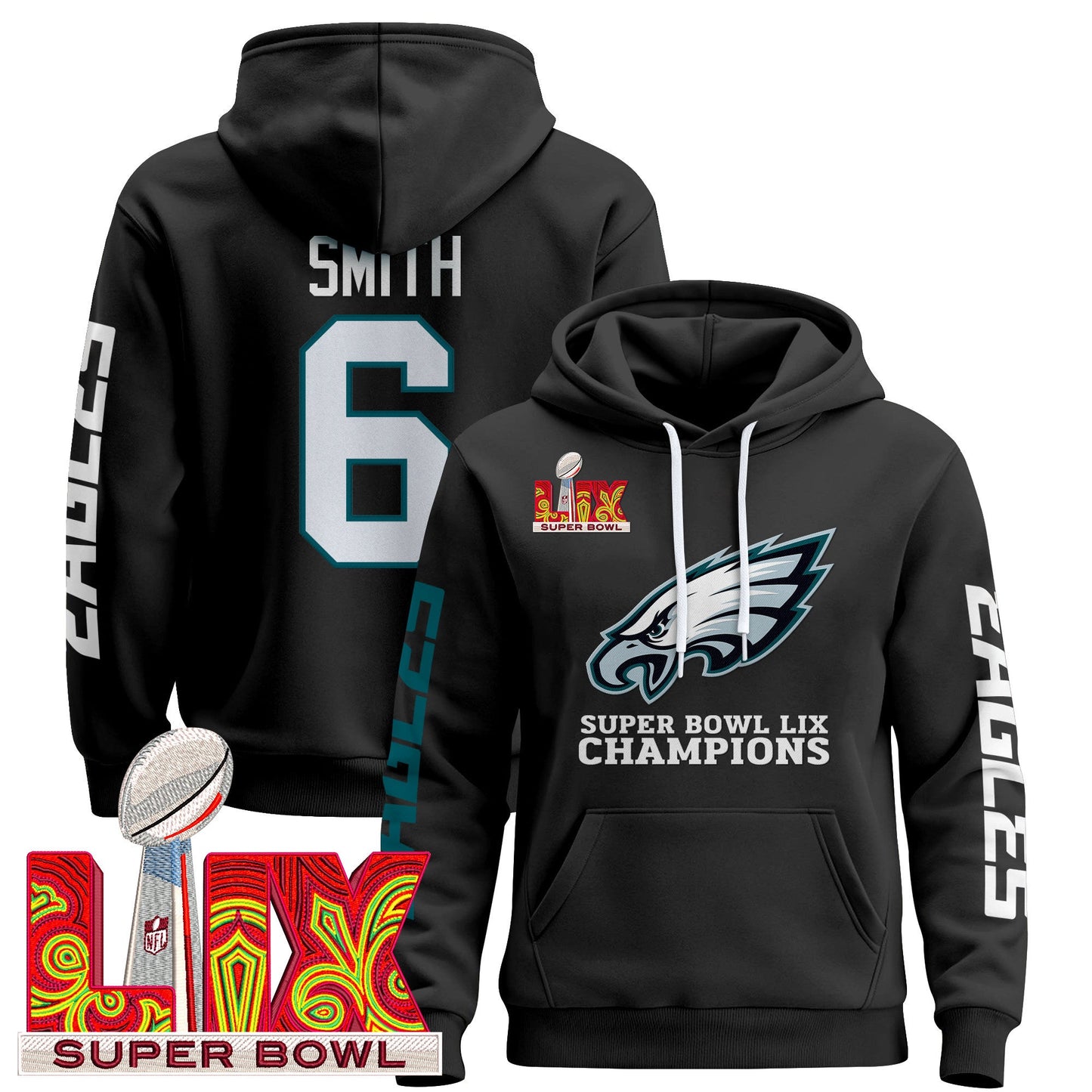 Philadelphia Eagles Super Bowl LIX Patch Pullover Hoodie V5 - All Stitched