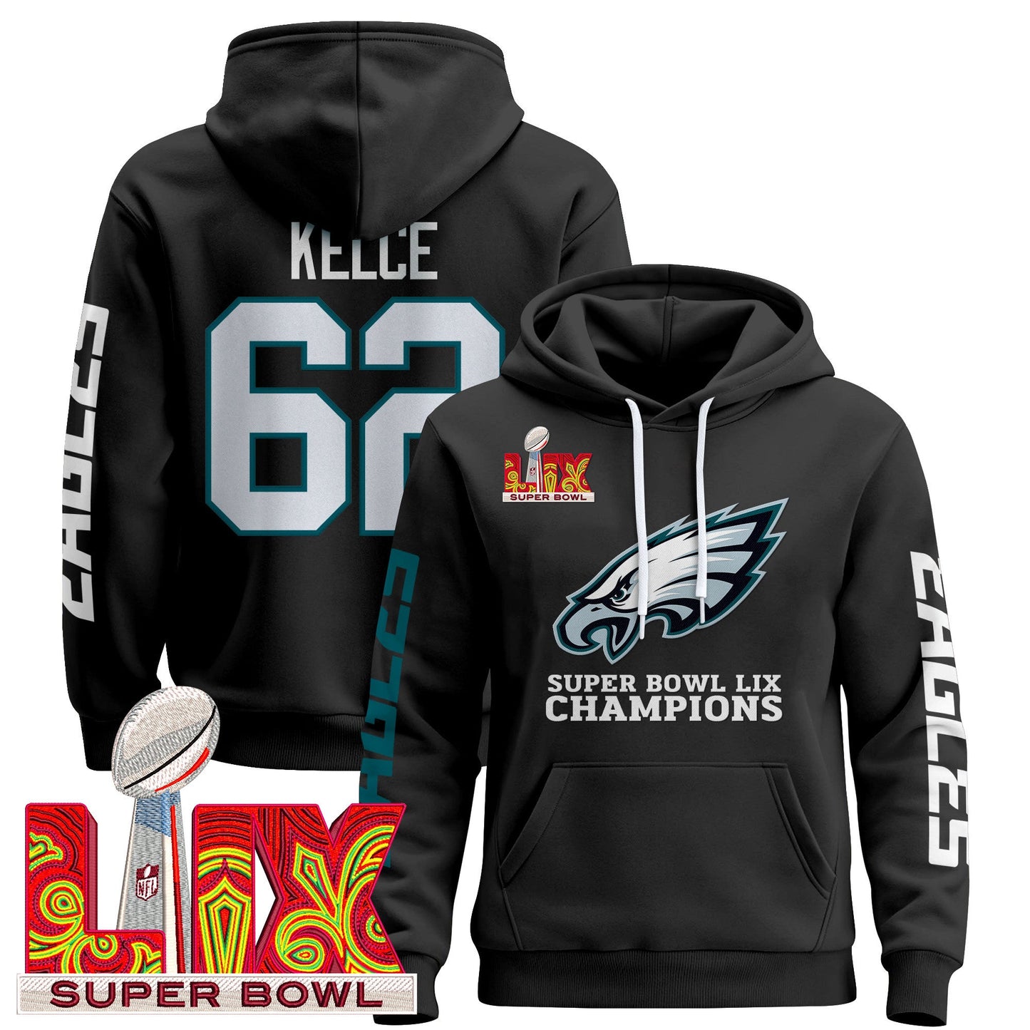 Philadelphia Eagles Super Bowl LIX Patch Pullover Hoodie V5 - All Stitched