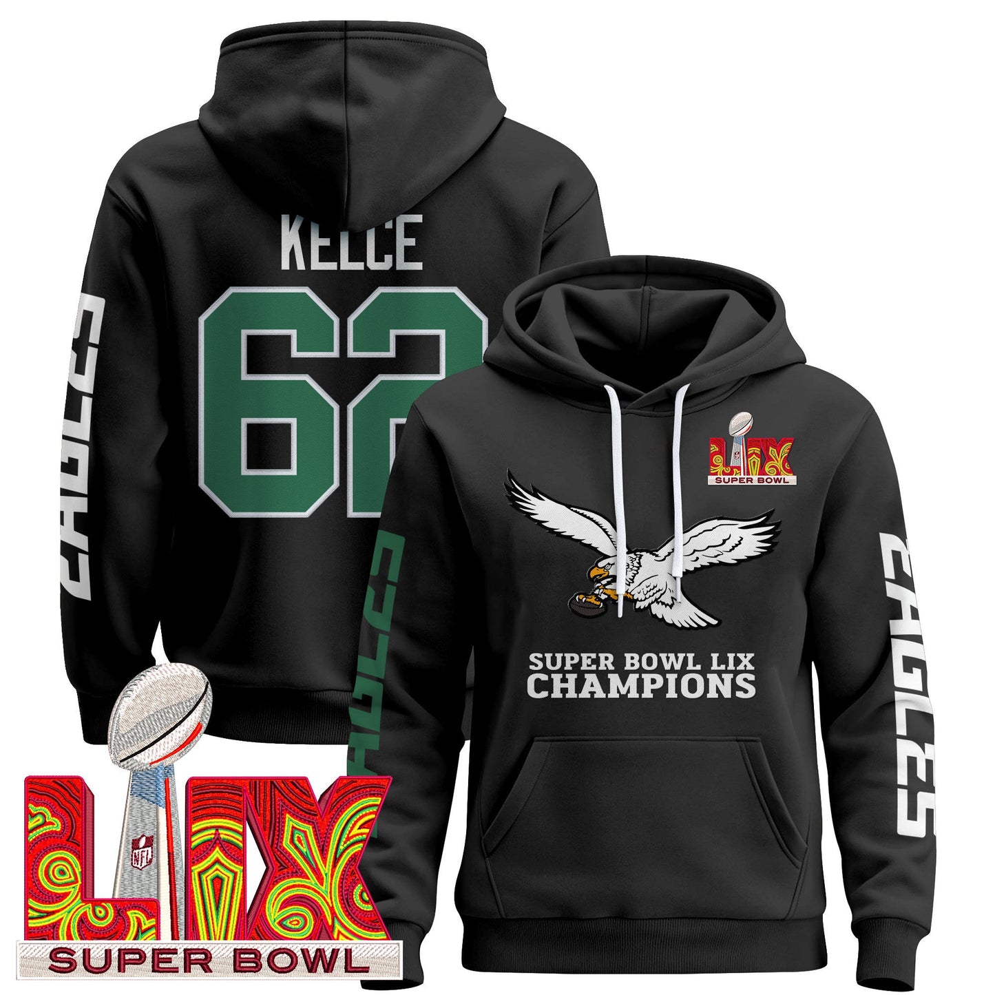Philadelphia Eagles Super Bowl LIX Patch Pullover Hoodie V6 - All Stitched