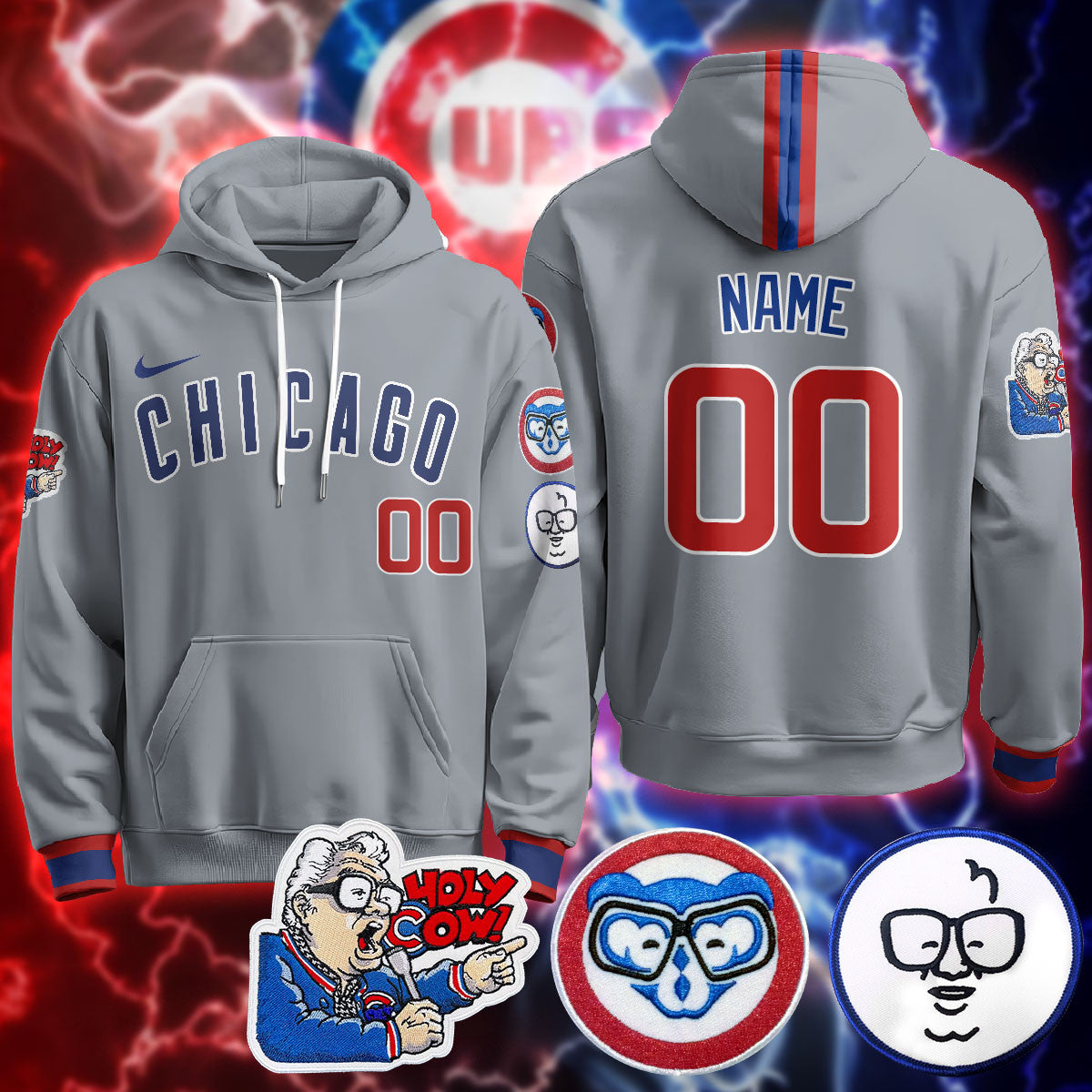 Custom Name Chicago Cubs Limited Hoodie - Harry Caray "Holy Cow" Patch - All Stitched
