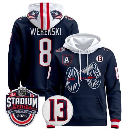 Men's Columbus Blue Jackets 2025 Stadium Series & #13 Johnny Gaudreau Patch Pullover Hoodie - All Stitched