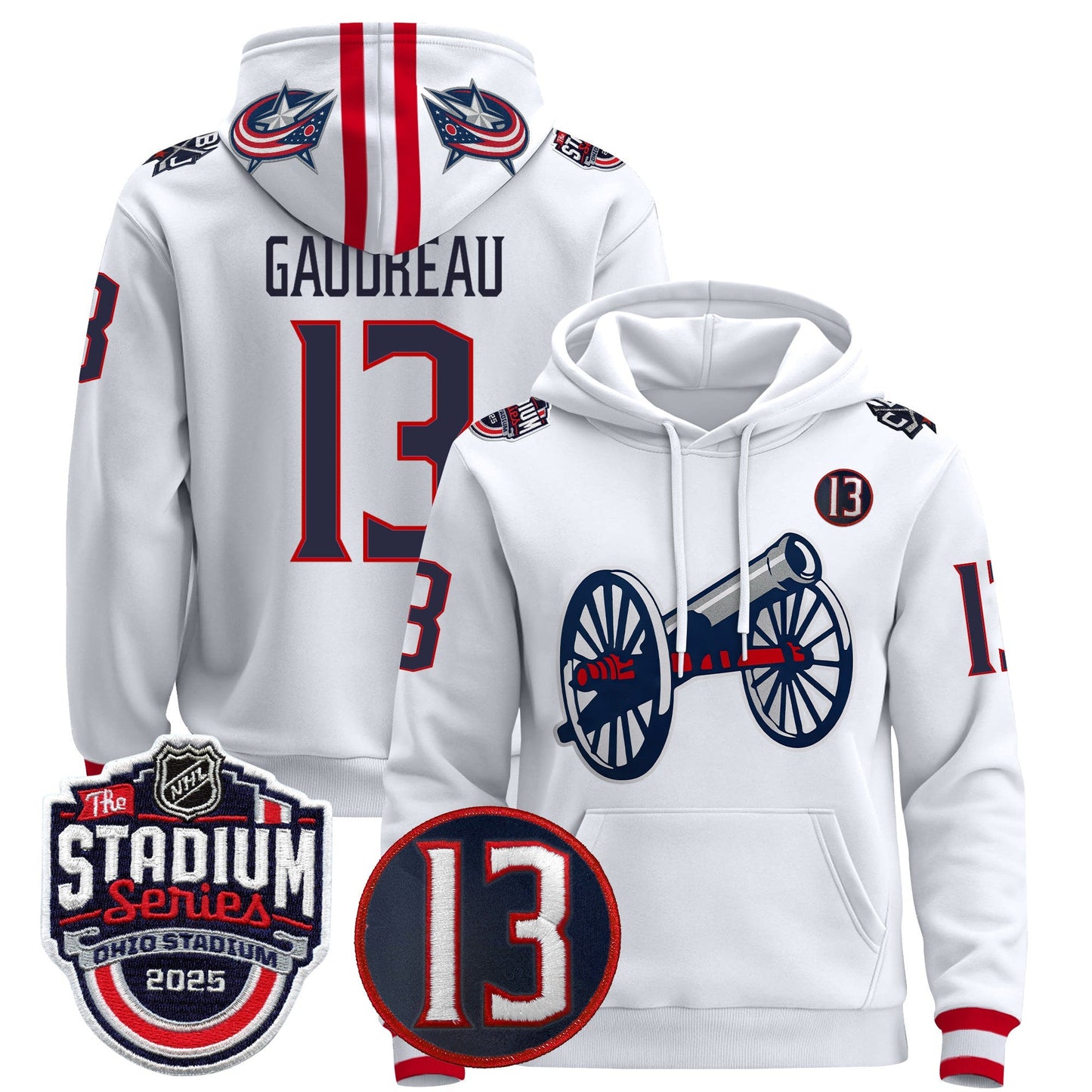 Men's Columbus Blue Jackets 2025 Stadium Series & #13 Johnny Gaudreau Patch Pullover Hoodie - All Stitched