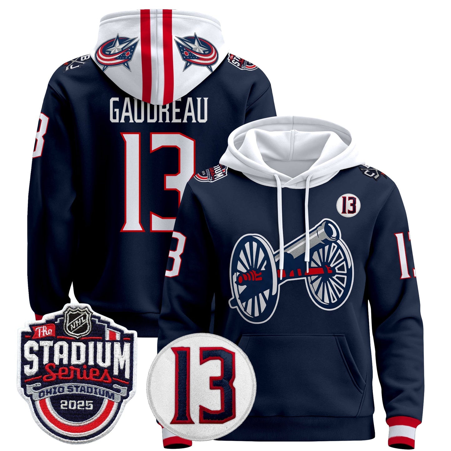 Men's Columbus Blue Jackets 2025 Stadium Series & #13 Johnny Gaudreau Patch Pullover Hoodie - All Stitched