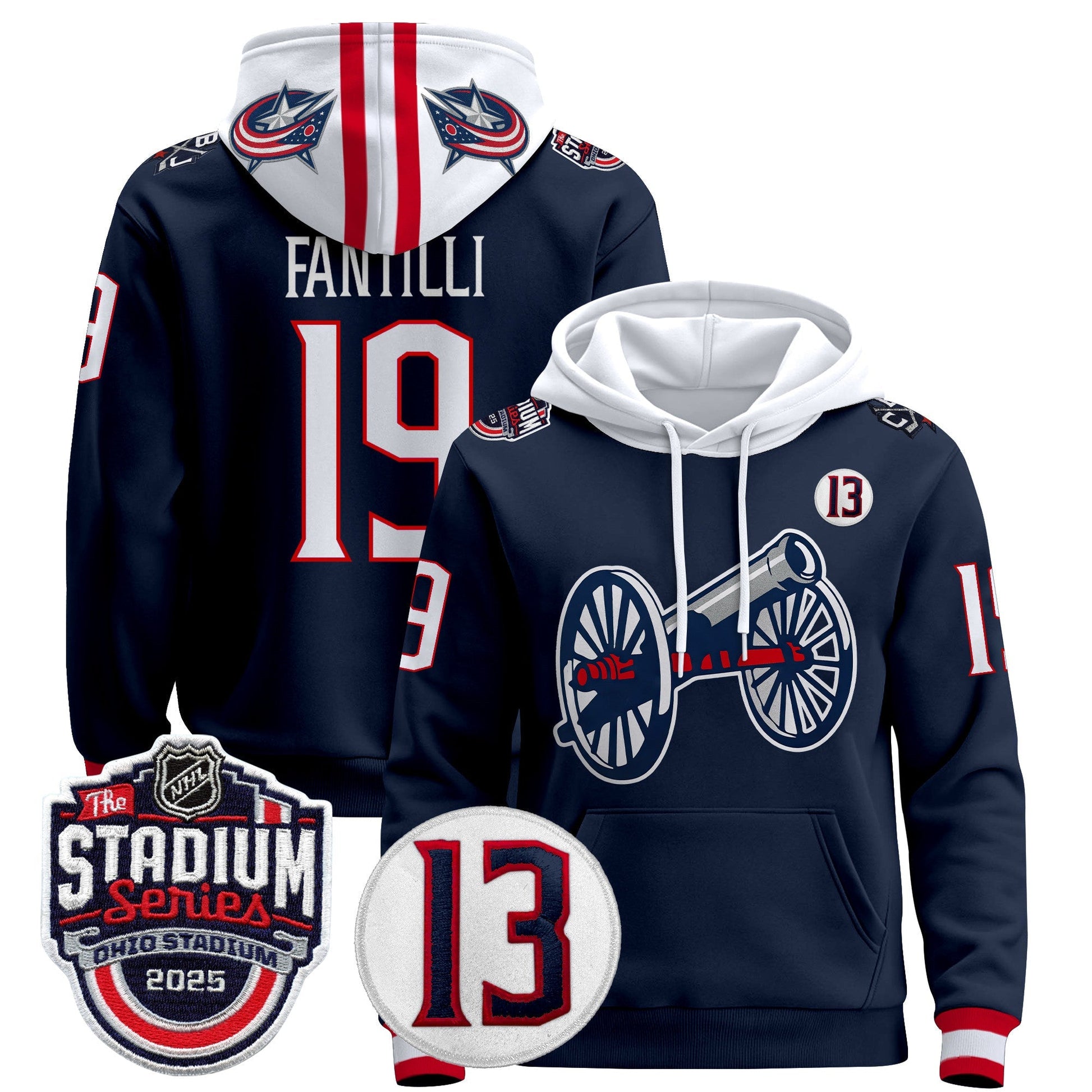 Men's Columbus Blue Jackets 2025 Stadium Series & #13 Johnny Gaudreau Patch Pullover Hoodie - All Stitched