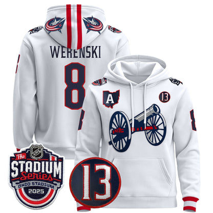 Men's Columbus Blue Jackets 2025 Stadium Series & #13 Johnny Gaudreau Patch Pullover Hoodie - All Stitched