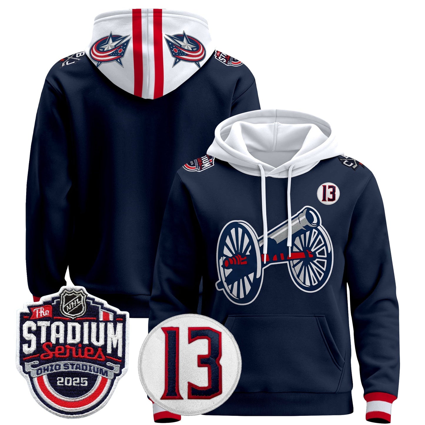 Men's Columbus Blue Jackets 2025 Stadium Series & #13 Johnny Gaudreau Patch Pullover Hoodie - All Stitched