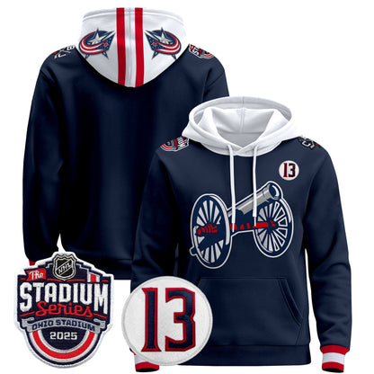 Men's Columbus Blue Jackets 2025 Stadium Series & #13 Johnny Gaudreau Patch Pullover Hoodie - All Stitched
