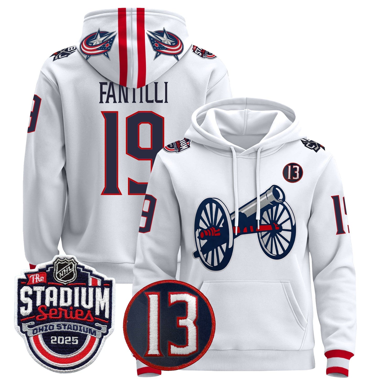 Men's Columbus Blue Jackets 2025 Stadium Series & #13 Johnny Gaudreau Patch Pullover Hoodie - All Stitched