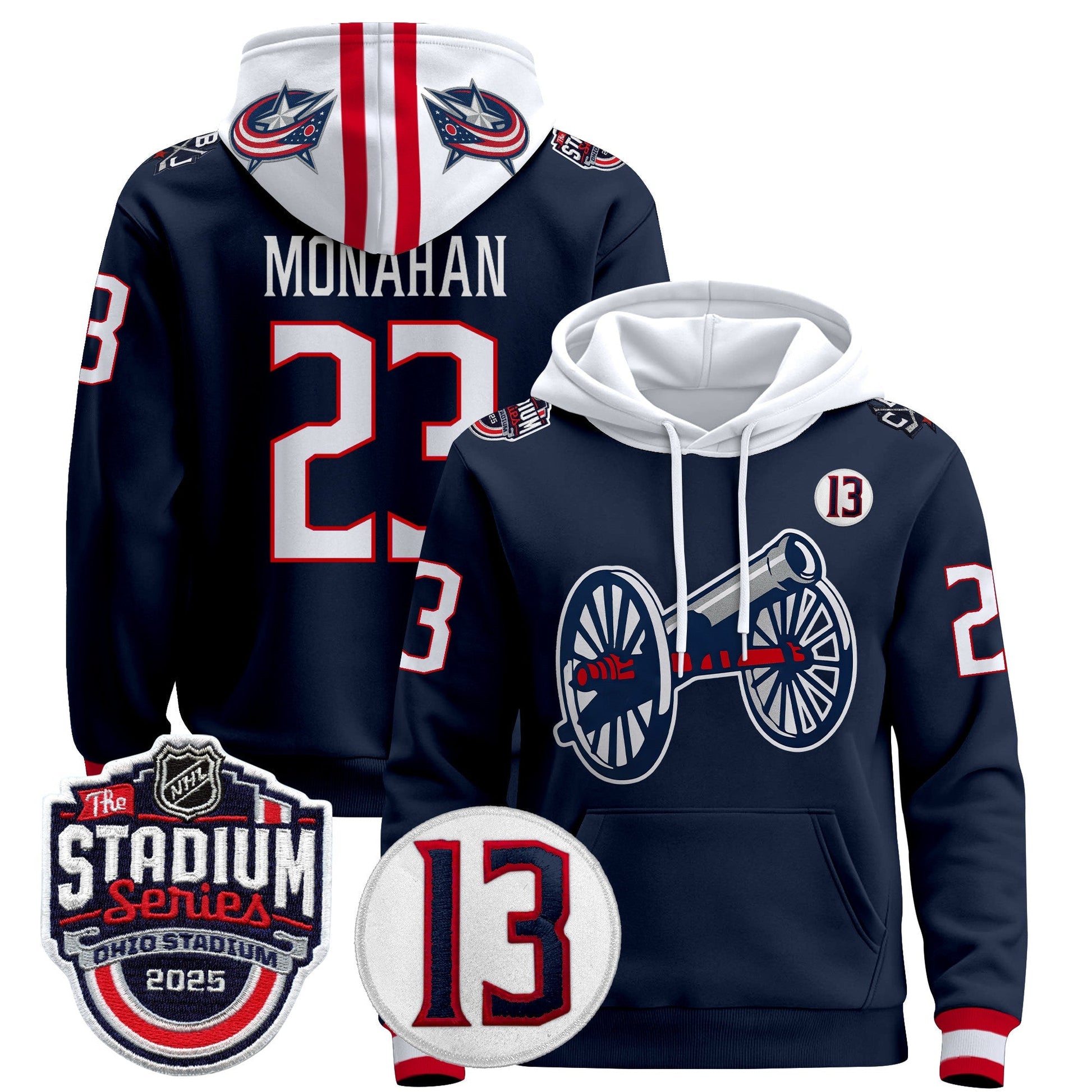 Men's Columbus Blue Jackets 2025 Stadium Series & #13 Johnny Gaudreau Patch Pullover Hoodie - All Stitched