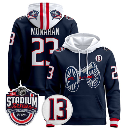 Men's Columbus Blue Jackets 2025 Stadium Series & #13 Johnny Gaudreau Patch Pullover Hoodie - All Stitched