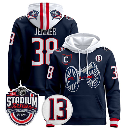 Men's Columbus Blue Jackets 2025 Stadium Series & #13 Johnny Gaudreau Patch Pullover Hoodie - All Stitched