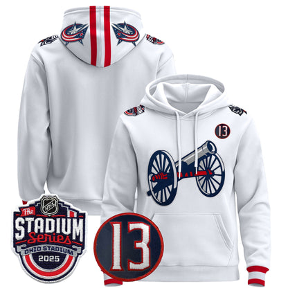 Men's Columbus Blue Jackets 2025 Stadium Series & #13 Johnny Gaudreau Patch Pullover Hoodie - All Stitched
