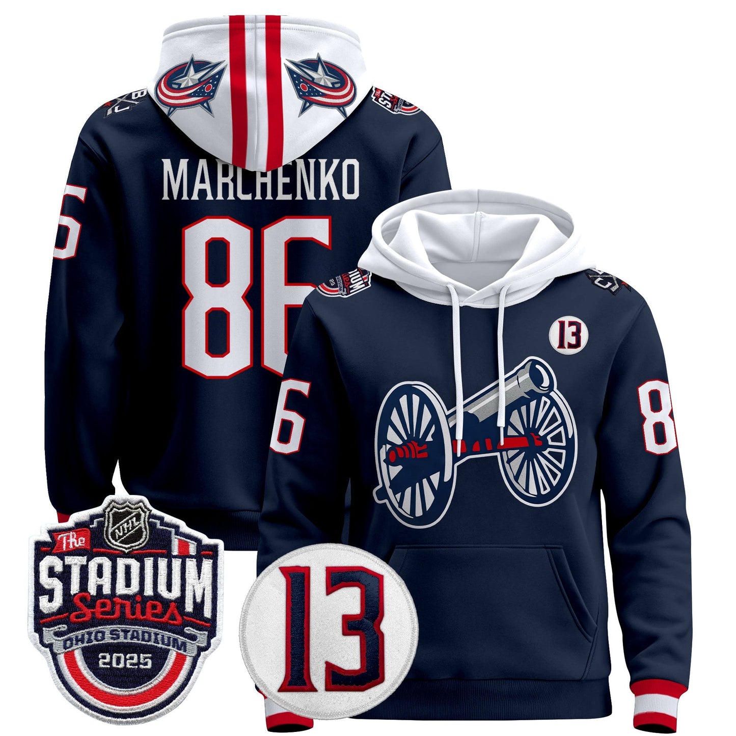 Men's Columbus Blue Jackets 2025 Stadium Series & #13 Johnny Gaudreau Patch Pullover Hoodie - All Stitched