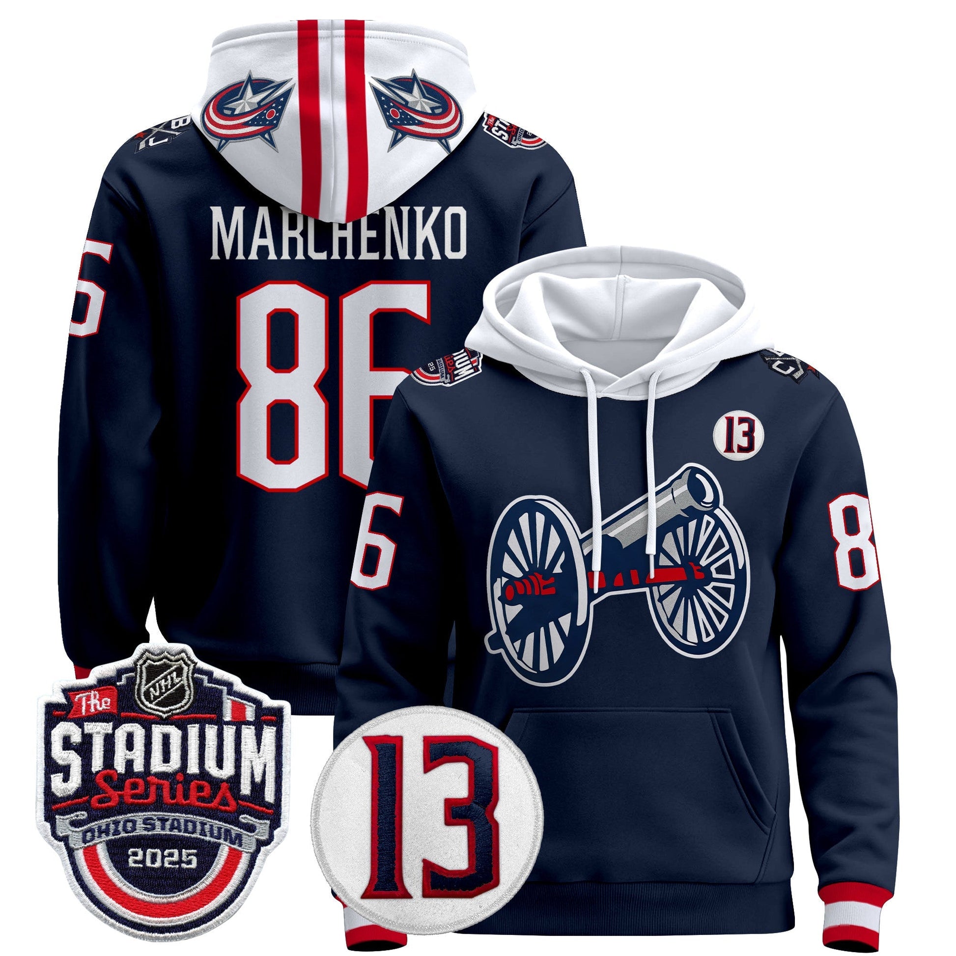 Men's Columbus Blue Jackets 2025 Stadium Series & #13 Johnny Gaudreau Patch Pullover Hoodie - All Stitched