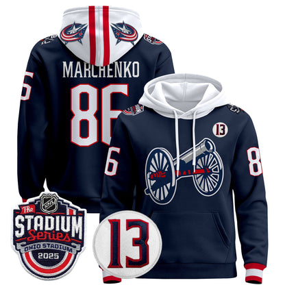 Men's Columbus Blue Jackets 2025 Stadium Series & #13 Johnny Gaudreau Patch Pullover Hoodie - All Stitched