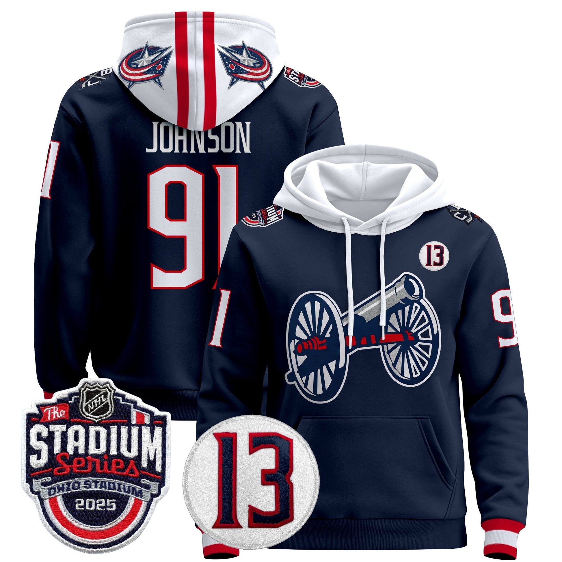 Men's Columbus Blue Jackets 2025 Stadium Series & #13 Johnny Gaudreau Patch Pullover Hoodie - All Stitched