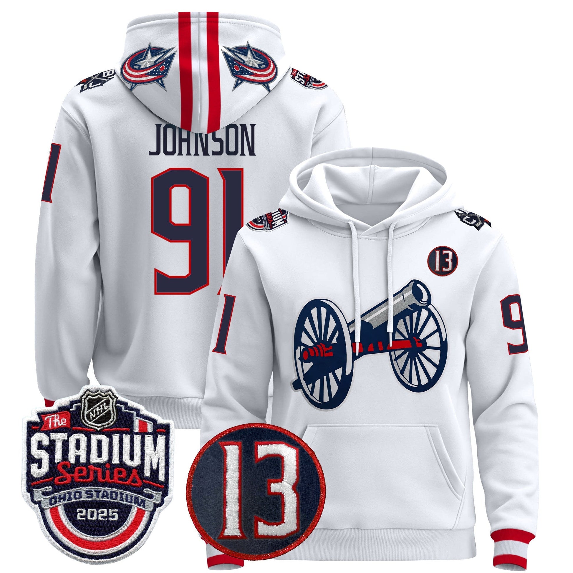 Men's Columbus Blue Jackets 2025 Stadium Series & #13 Johnny Gaudreau Patch Pullover Hoodie - All Stitched