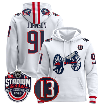 Men's Columbus Blue Jackets 2025 Stadium Series & #13 Johnny Gaudreau Patch Pullover Hoodie - All Stitched