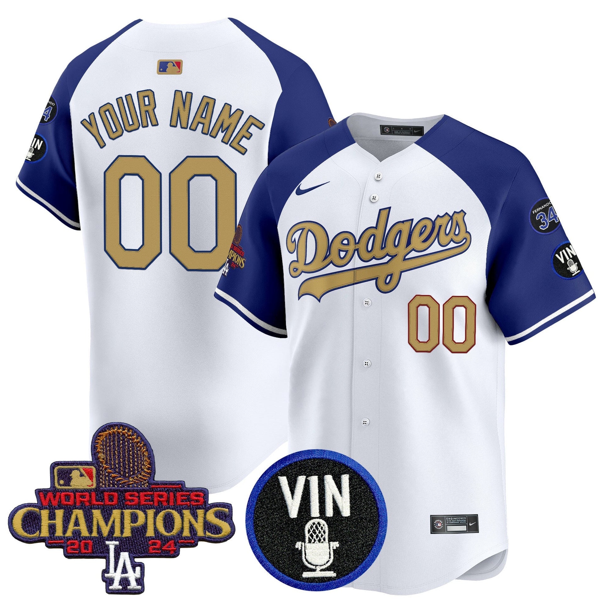 Dodgers 2025 Vin Scully & #34 Fernando Patch Gold Vapor Premier Limited Custom Jersey - All Stitched