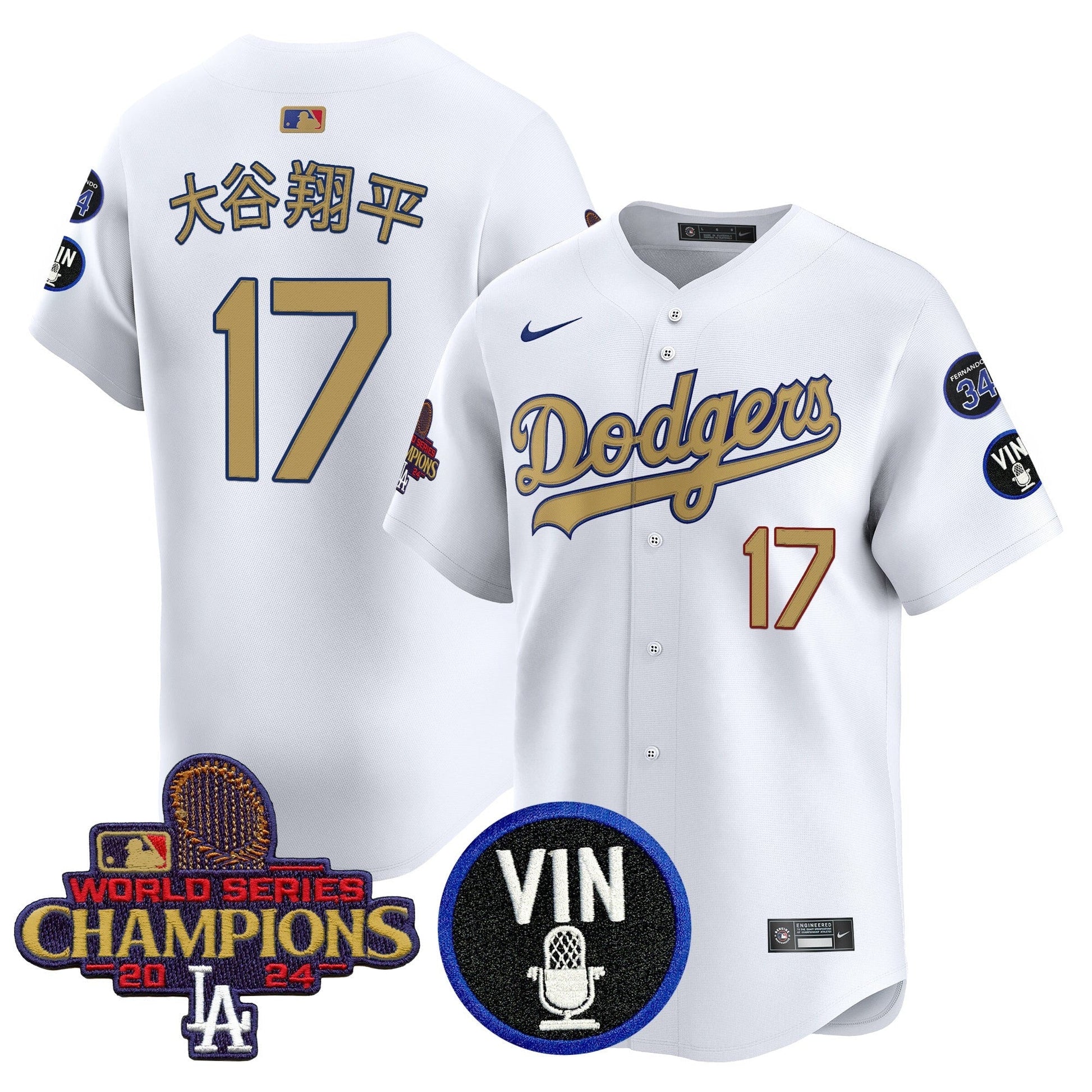 Men's Dodgers 2025 Vin Scully & #34 Fernando Patch Gold Vapor Premier Limited Jersey - All Stitched