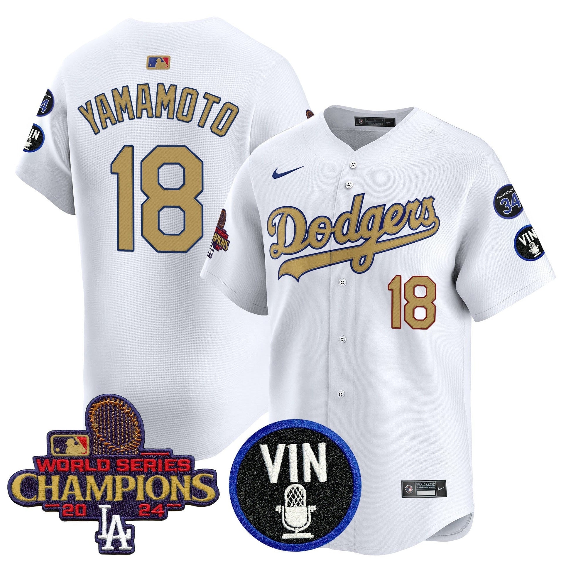 Men's Dodgers 2025 Vin Scully & #34 Fernando Patch Gold Vapor Premier Limited Jersey - All Stitched