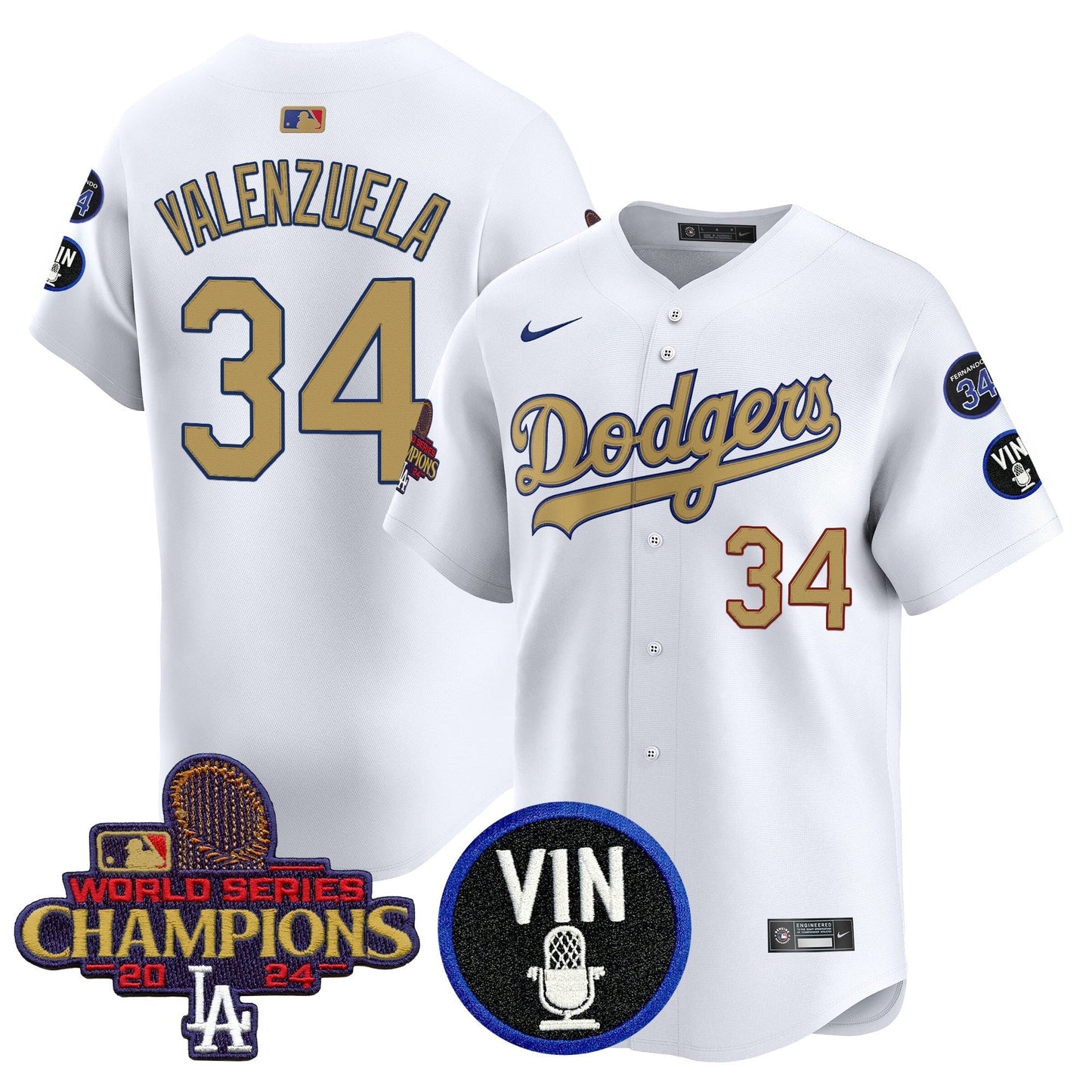 Men's Dodgers 2025 Vin Scully & #34 Fernando Patch Gold Vapor Premier Limited Jersey - All Stitched