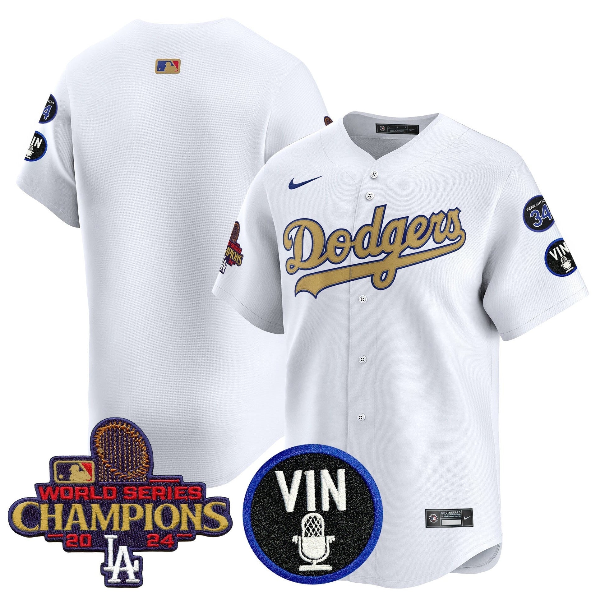 Men's Dodgers 2025 Vin Scully & #34 Fernando Patch Gold Vapor Premier Limited Jersey - All Stitched