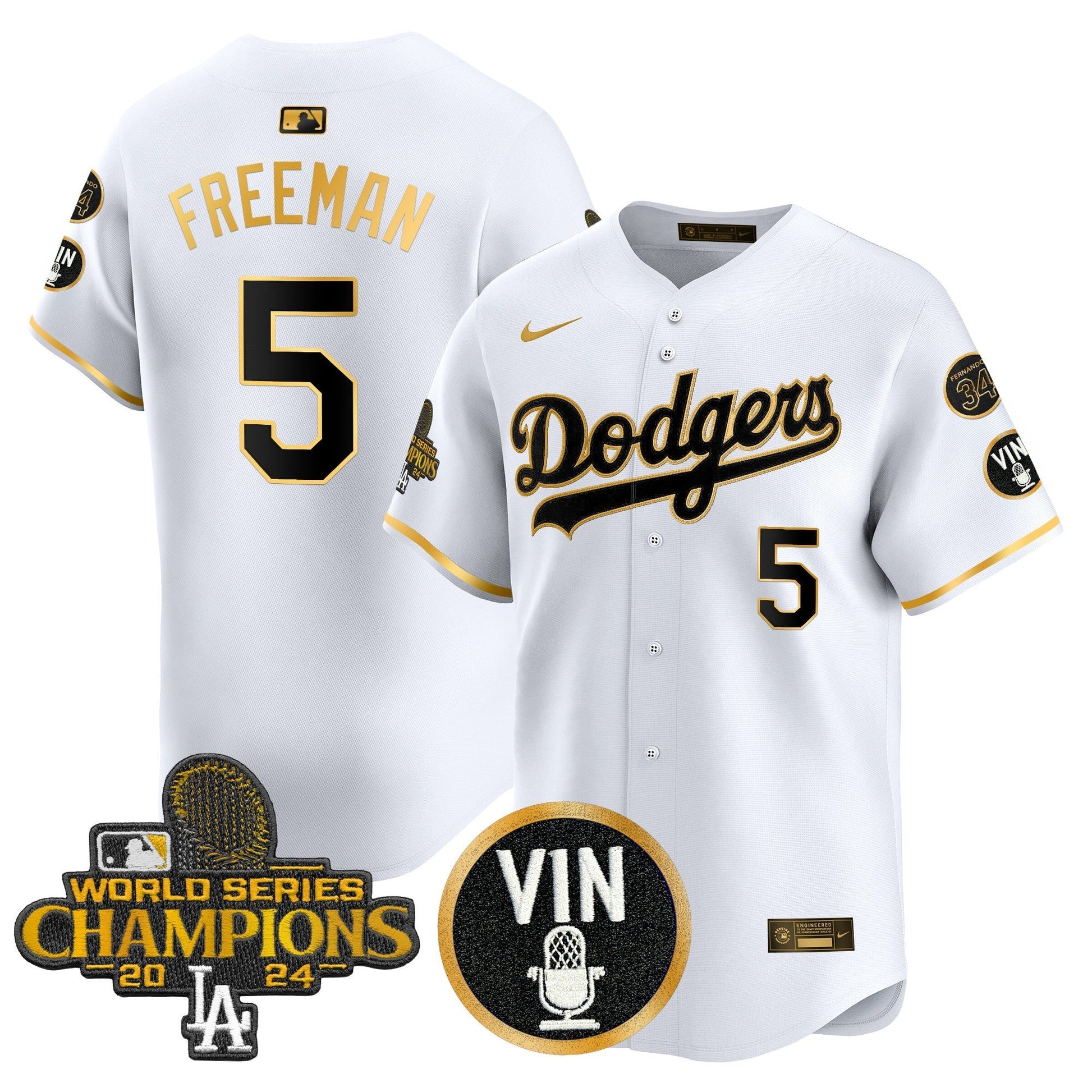 Men's Dodgers 2025 Vin Scully & #34 Fernando Patch Gold Vapor Premier Limited Jersey - All Stitched
