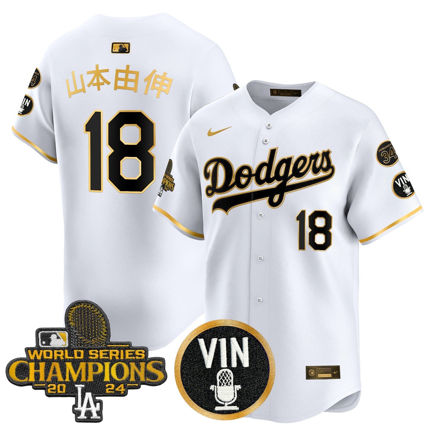 Men's Dodgers 2025 Vin Scully & #34 Fernando Patch Gold Vapor Premier Limited Jersey - All Stitched
