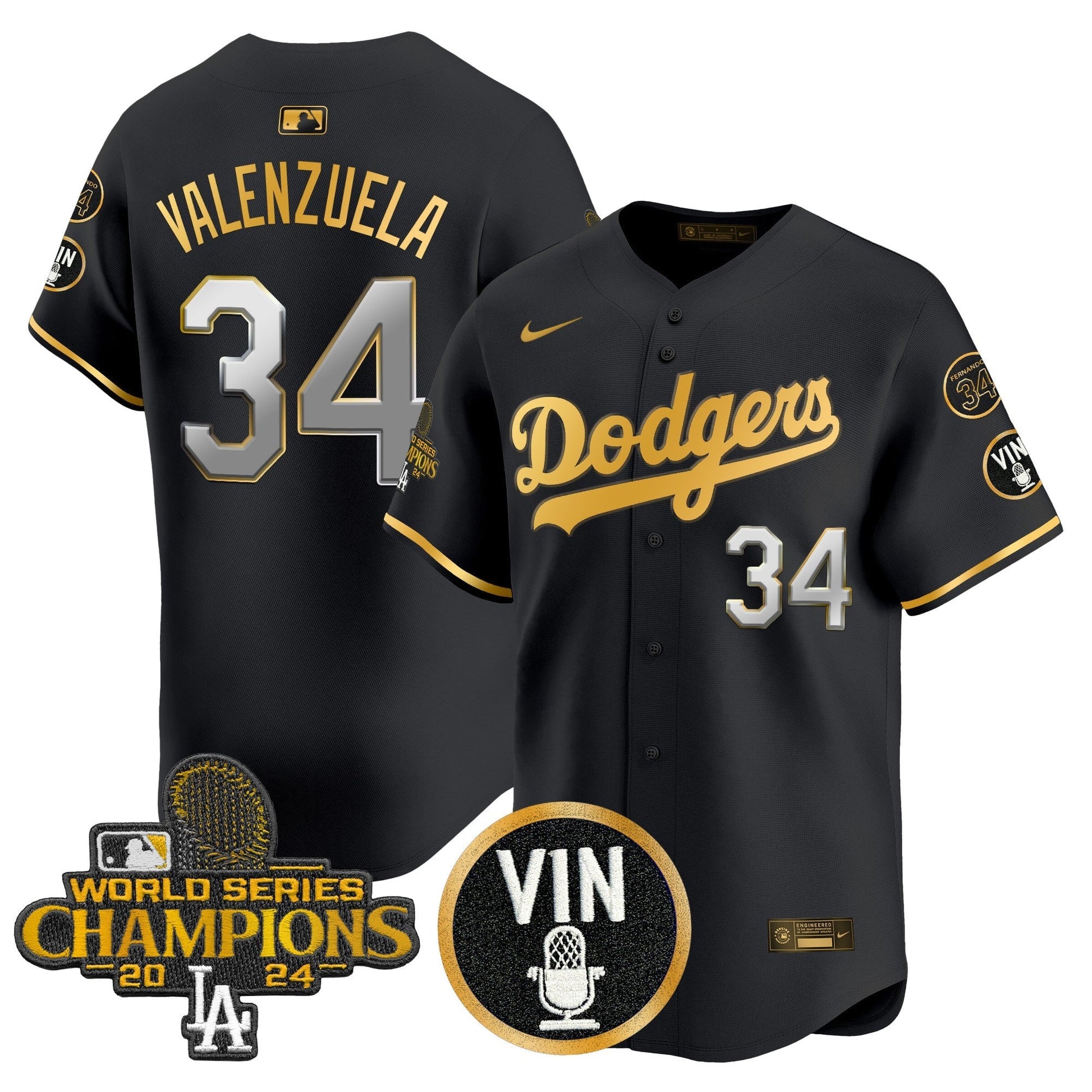 Men's Dodgers 2025 Vin Scully & #34 Fernando Patch Gold Vapor Premier Limited Jersey - All Stitched