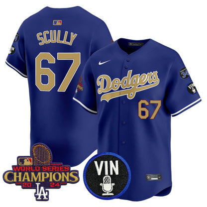Men's Dodgers 2025 Vin Scully & #34 Fernando Patch Gold Vapor Premier Limited Jersey - All Stitched
