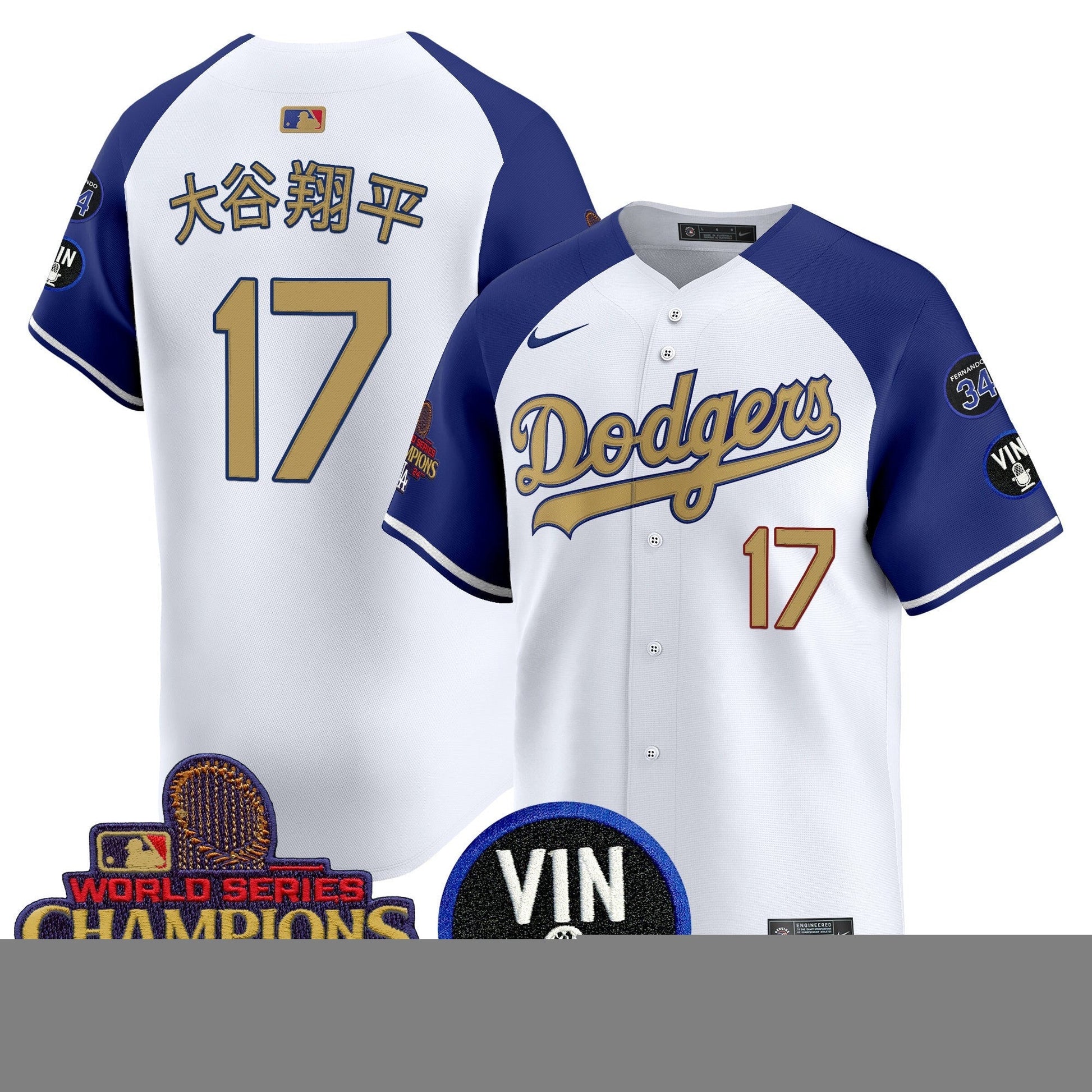 Men's Dodgers 2025 Vin Scully & #34 Fernando Patch Gold Vapor Premier Limited Jersey - All Stitched