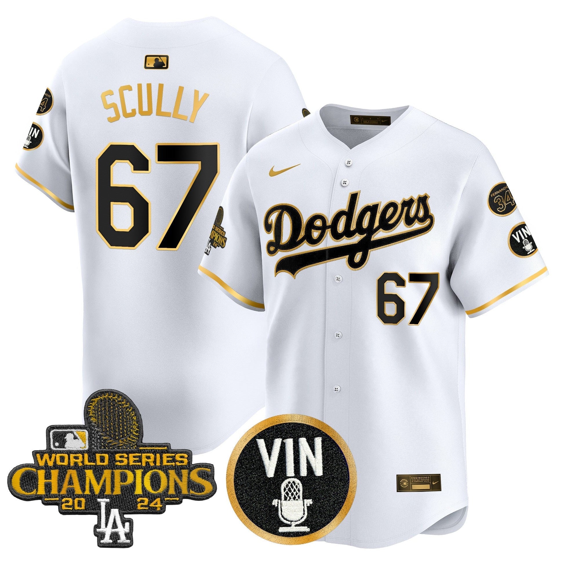 Men's Dodgers 2025 Vin Scully & #34 Fernando Patch Gold Vapor Premier Limited Jersey - All Stitched