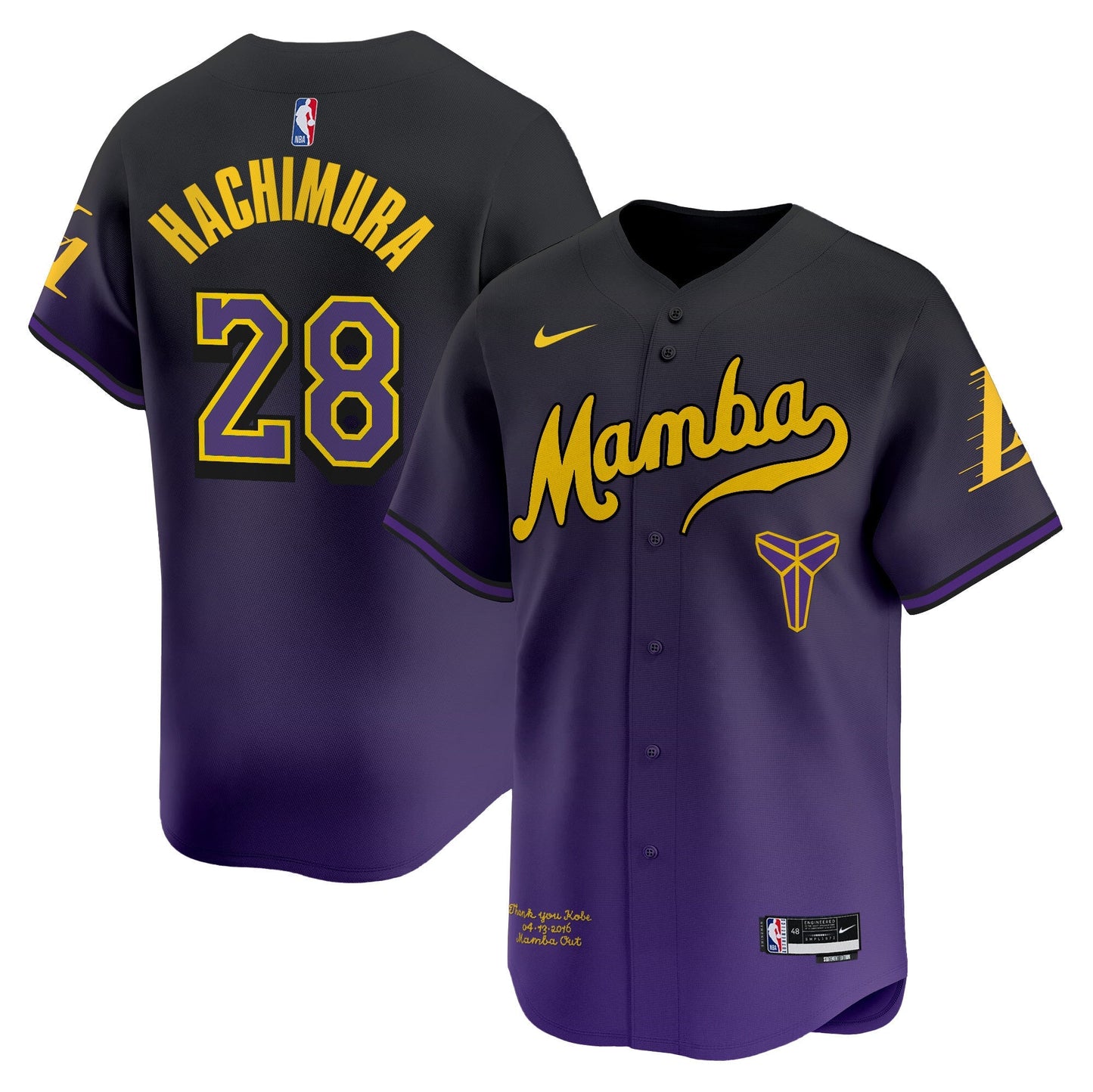 Men's Los Angeles Lakers Kobe Bryant Mamba Vapor Baseball Jersey - All Stitched