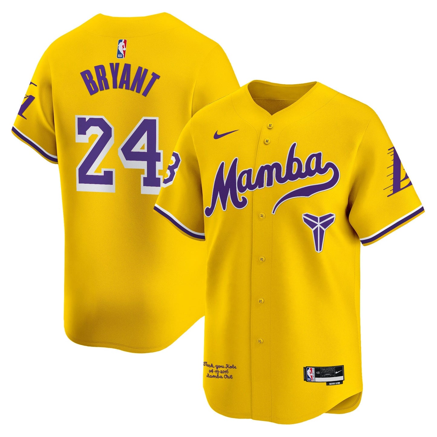 Men's Los Angeles Lakers Kobe Bryant Mamba Vapor Baseball Jersey - All Stitched